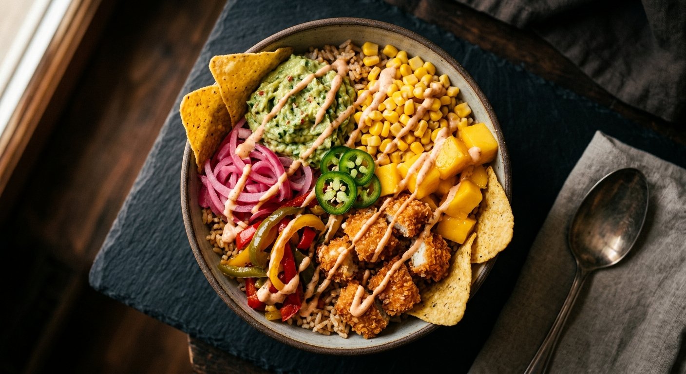 Mexican Bowl — Riz sushi, crispy chicken, guacamole, maïs, mangue, jalapenos