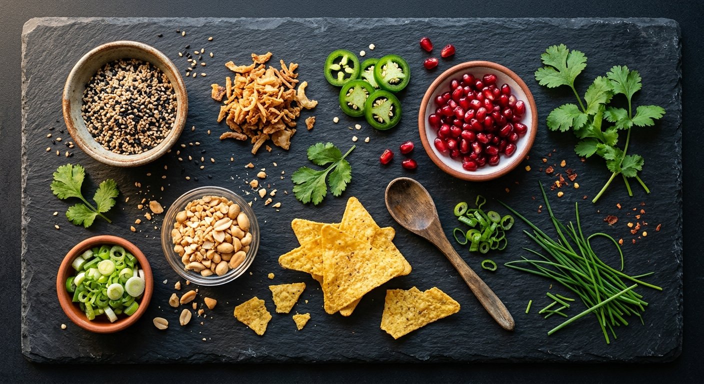 Toppings pour poke bowl personnalisé — sésame, oignon crispy, coriandre